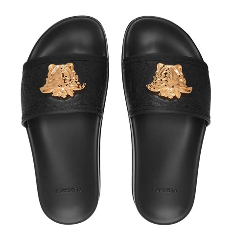 versace pool sliders|Versace la medusa leather slides.